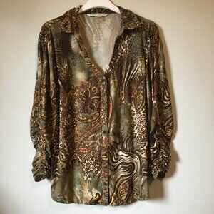 Vintage Y2K Animal Paisley Print Ruched Sleeve Button Up Top